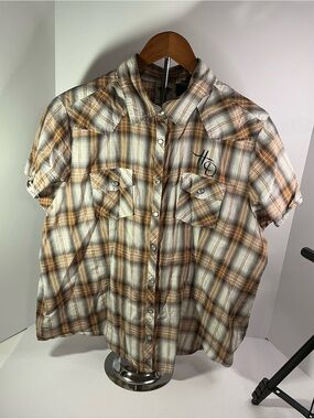 Women’s Harley Davidson 110th Anniversary plaid pearl button up 1W Brown/Black
